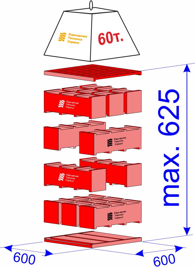 Готовый комплект вывешивания спецтехники г/п 60 тонн высотой 625 мм модульными опорными блоками