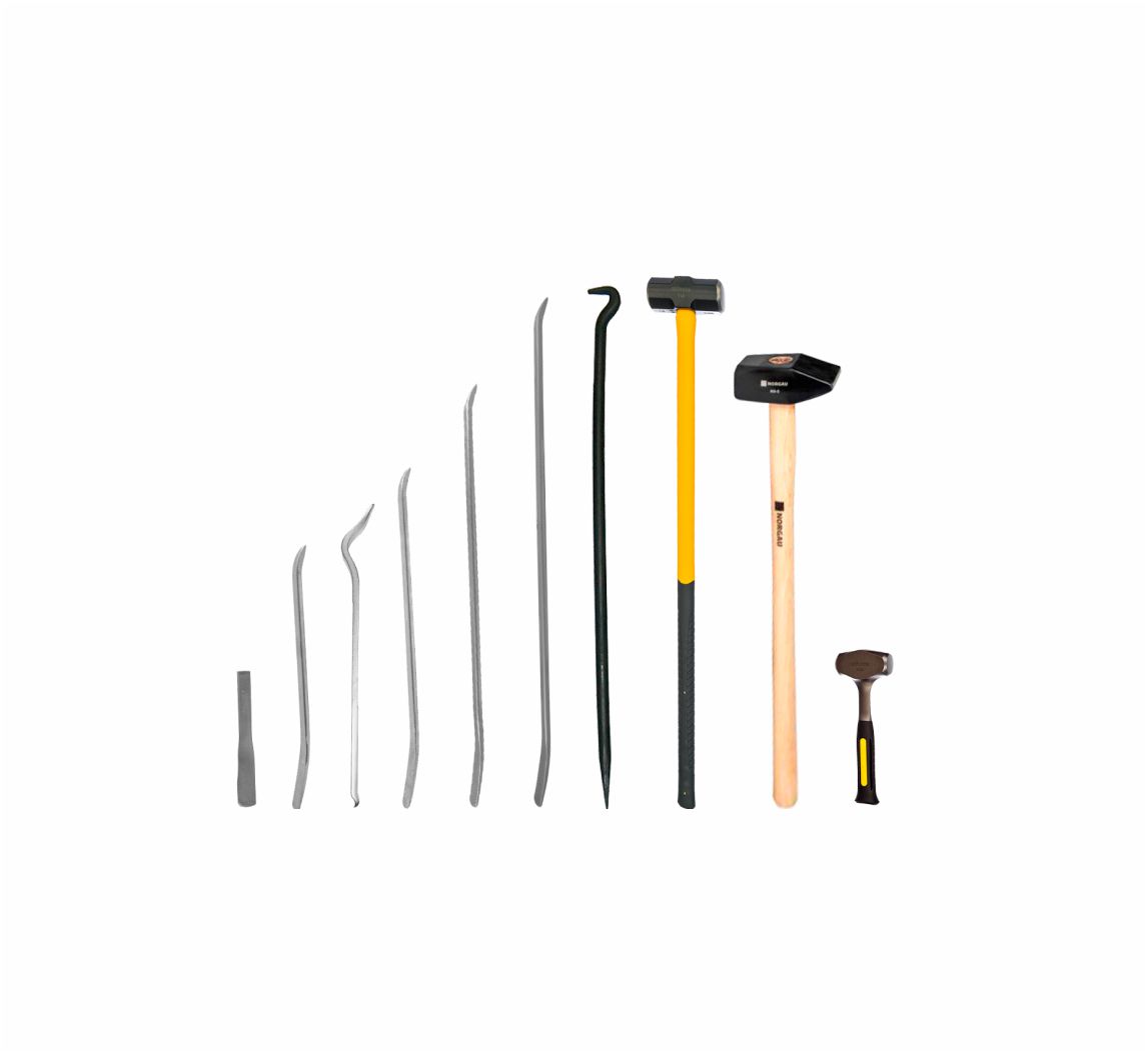 Монтажный комплект №5 (5 лопаток СТАНДАРТ, Монтажка изогнутая 500 мм; монтажка с крюком 900 мм; кувалда 3,0 кг 910 мм; кувалда ручная  цельнокованная 1,36 кг; кувалда остроносая поперечная 5,0 кг 800 мм).