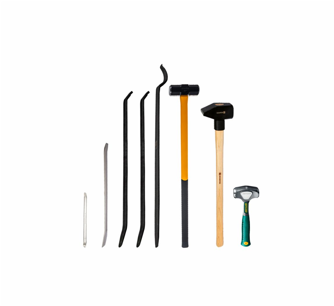 Монтажный комплект №6 (2 лопатки СТАНДАРТ (250/600 мм), монтажка  890 мм - 2 шт., монтажка с крюком 970 мм; кувалда 3,0 кг 910 мм; кувалда ручная  цельнокованная 1,36 кг; кувалда остроносая поперечная 5,0 кг 800 мм).