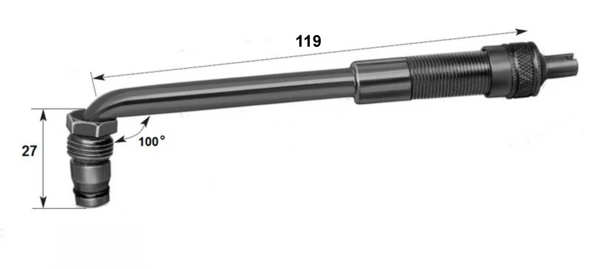 Вертлюжный угловой вентиль с большим отверстием для внедорожной техники (диаметр отверстия в диске 20,5 мм,  длина 119 мм, угол 100°) 